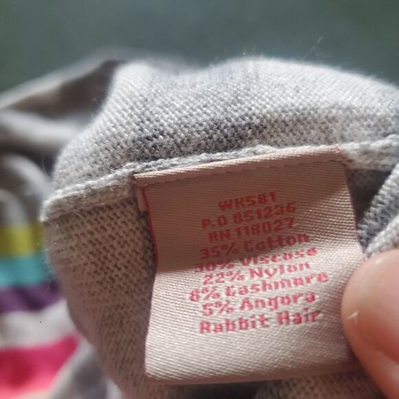 Boden  Rainbow Cuff Gray Stripe Cardigan Sweater Cotton Cashmere Angora sz 2 - Picture 3 of 4